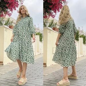 NWT Cassee's Kelly Green/White Tiered Rayon Maxi Shirt Dress